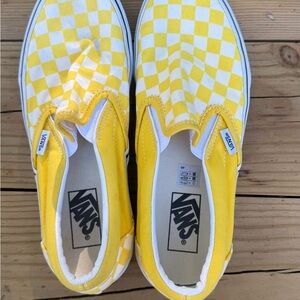 Vans Women’s Yellow and White Checkered Slip-On Sneakers